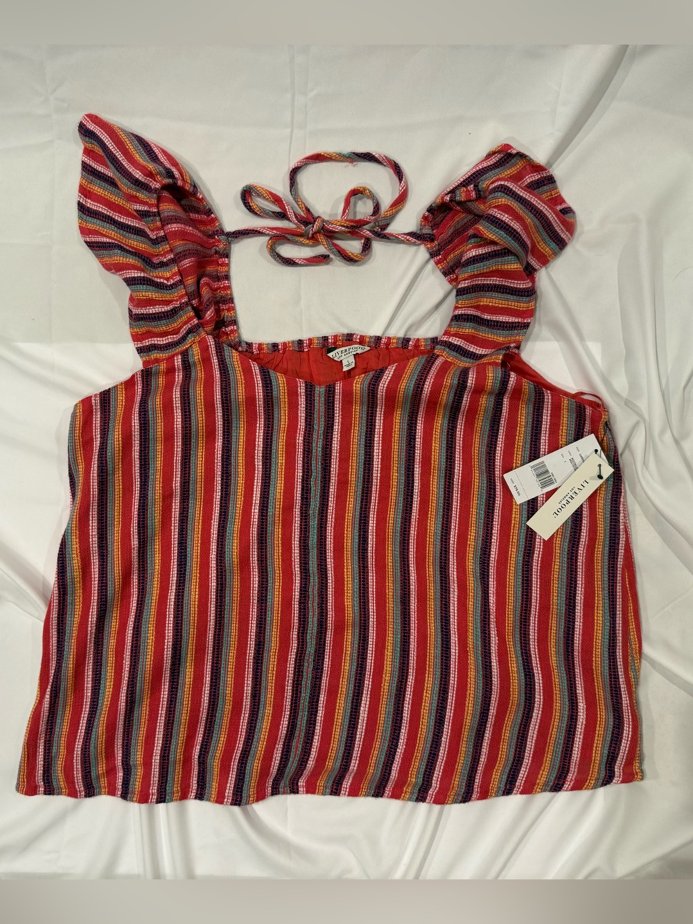 Liverpool Los Angeles NWT Multicolor Stripe Tie Back Smocked Tank Top Size Large